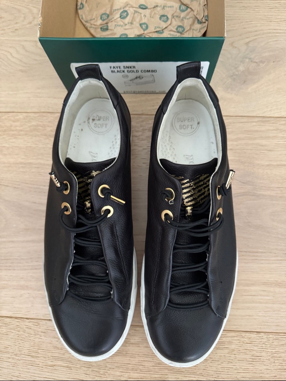 Paul Green Faye Black Lace Up, Platform Sneakers with Gold Accents, Original Box
